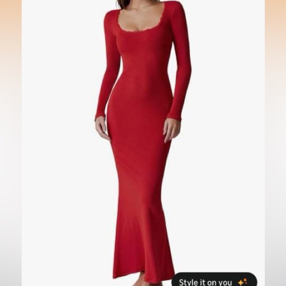 Long-Sleeve Red Scoop Neck Maxi Dress